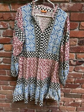 Oliphant Mixed-Print Long Sleeve Tiered Dress in Blue, Red & Black